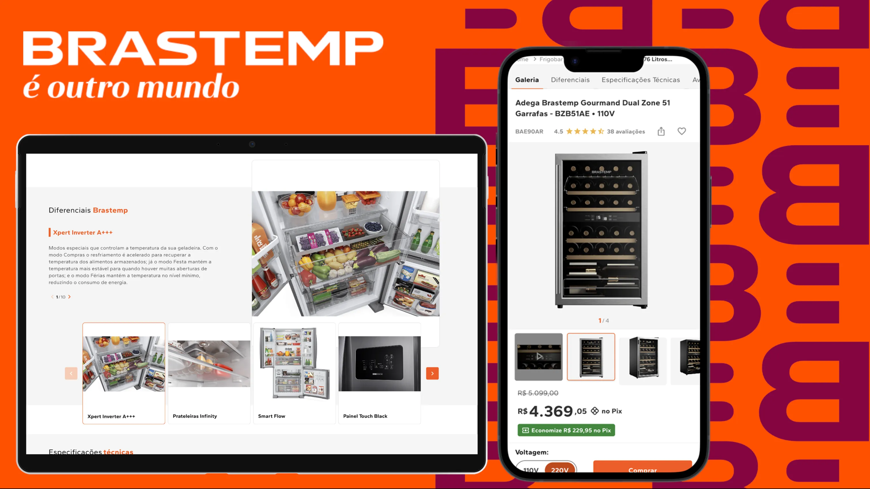 Brastemp's branded 'B' pattern, a brand-craft motif that opens the case