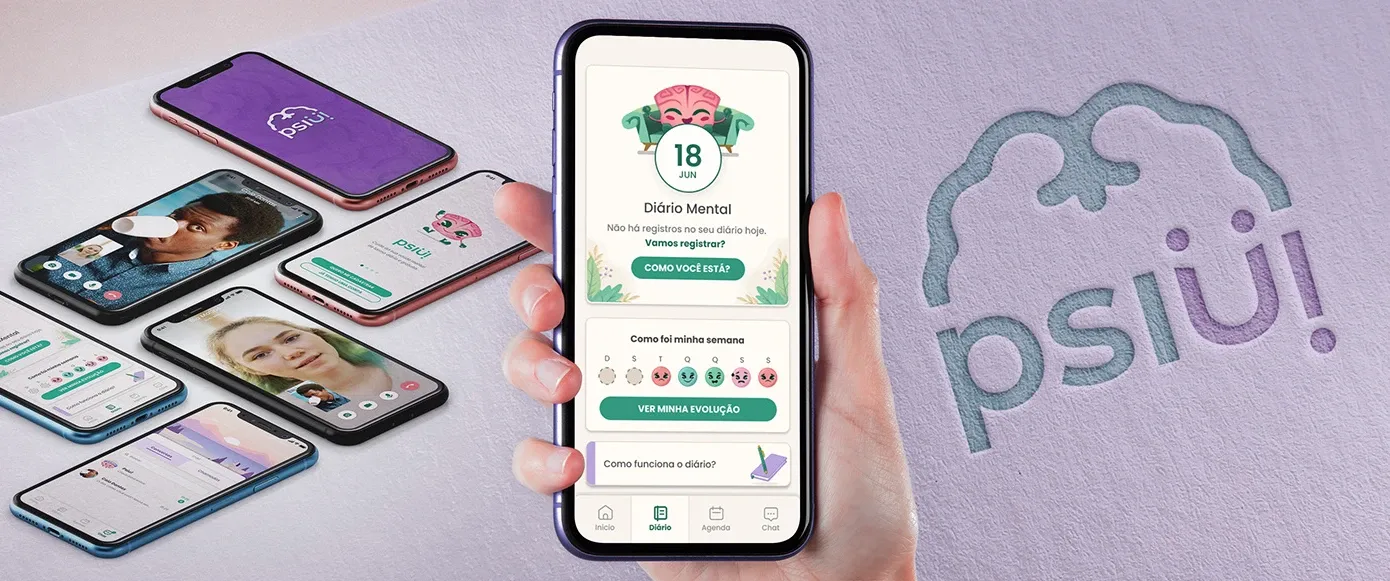 A hand holding a phone with the PsiU diary screen, beside the PsiU logo pressed into paper
