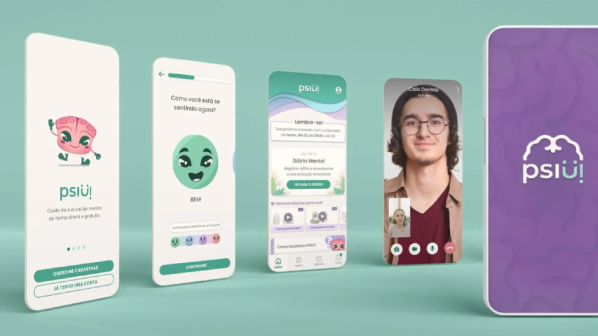 PsiU welcome, mood, home and video call screens in perspective on a teal background, next to the purple splash screen
