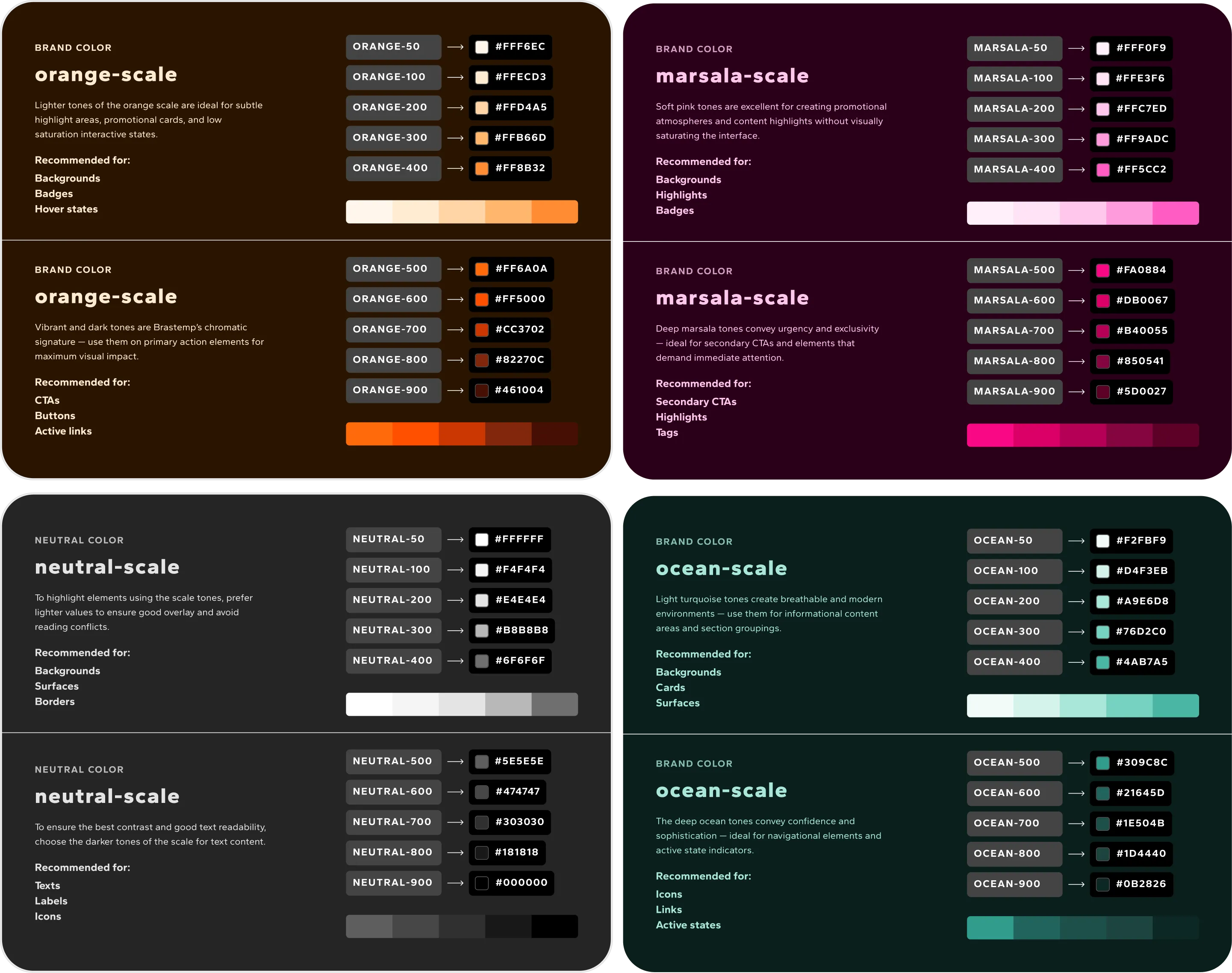 Color Scales: 4 primitive scales, Orange, Marsala, Neutral and Ocean, with 10 tones each.