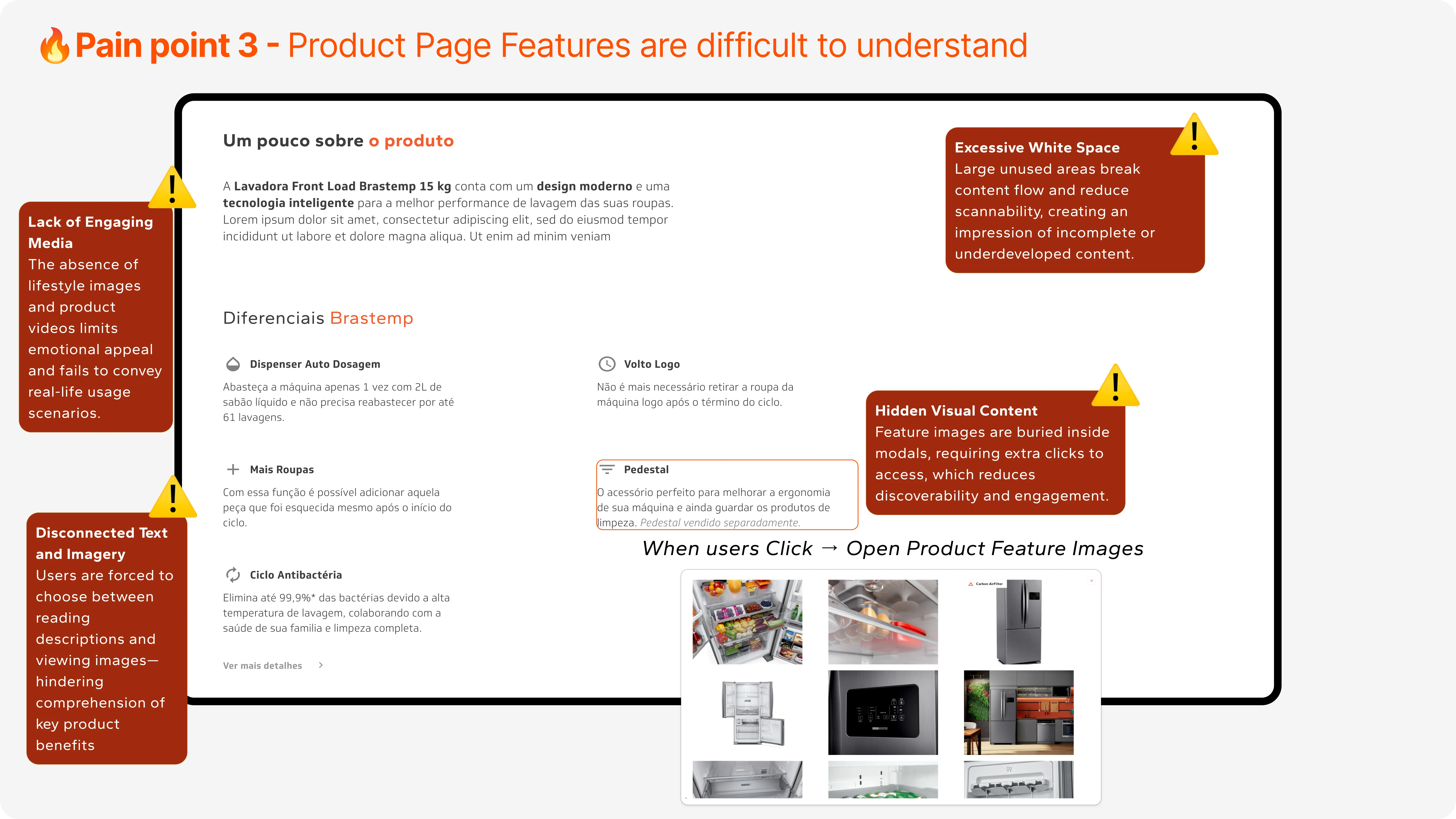 Original feature section: content buried inside modals, hard to understand at a glance