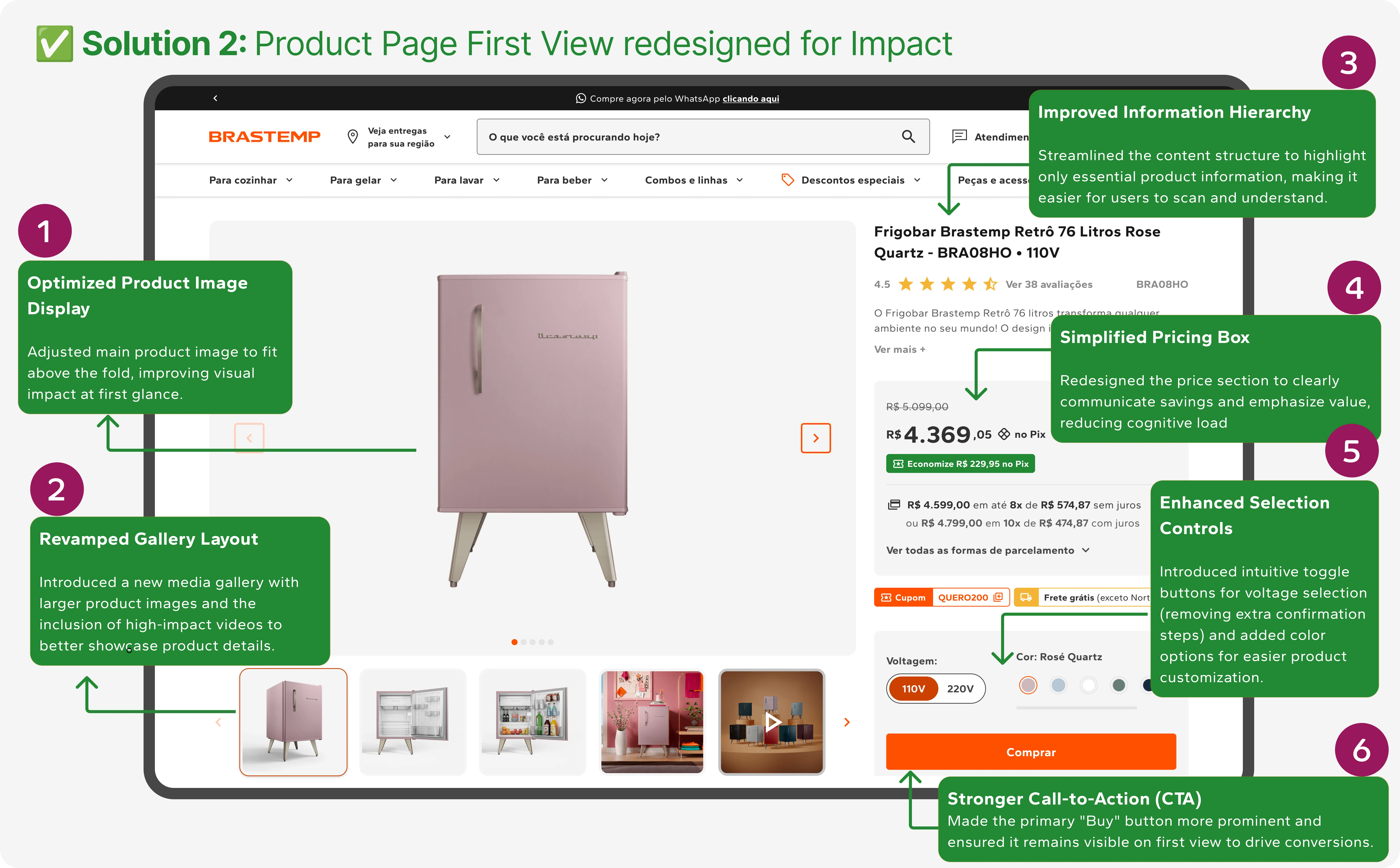 Redesigned first view: optimized product image above the fold, simplified pricing box, and a prominent always-visible Buy CTA