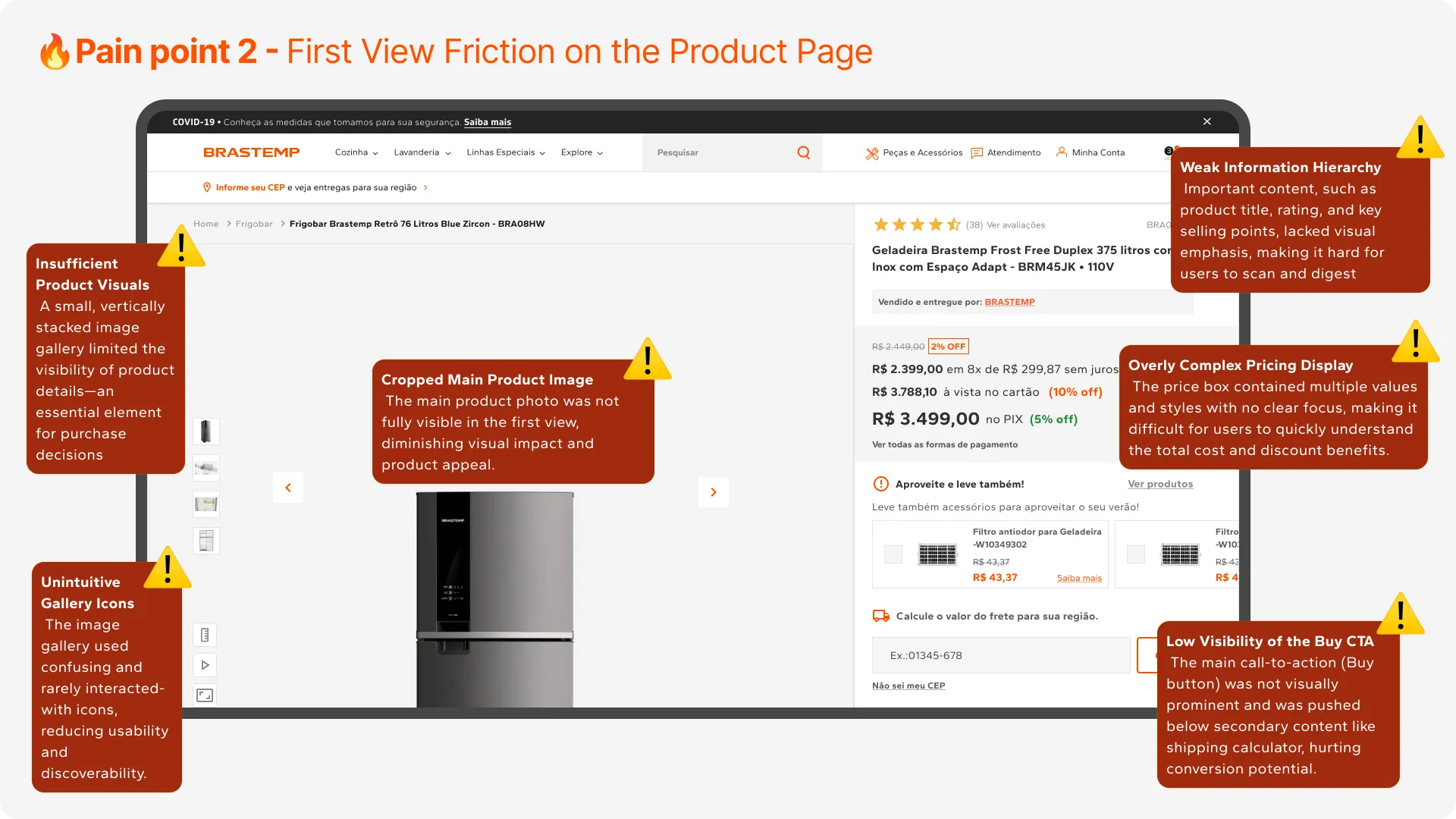 Original product page first view: cropped image, crowded pricing box, and a Buy CTA pushed below secondary content