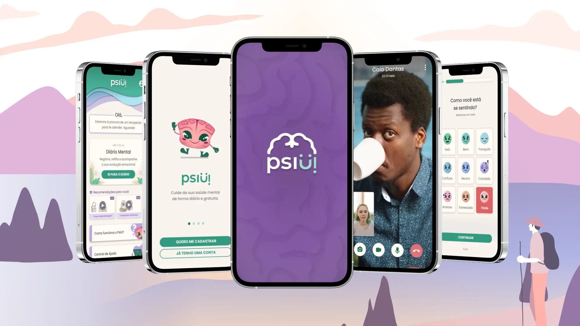 Five PsiU screens over a soft mountain illustration: home, welcome, splash, video call and mood picker