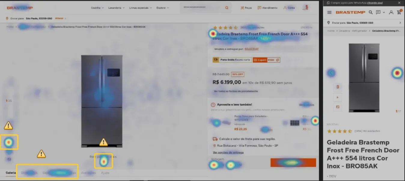 Desktop and mobile heatmaps of the product page, showing attention concentrated on the title, price, and Buy button