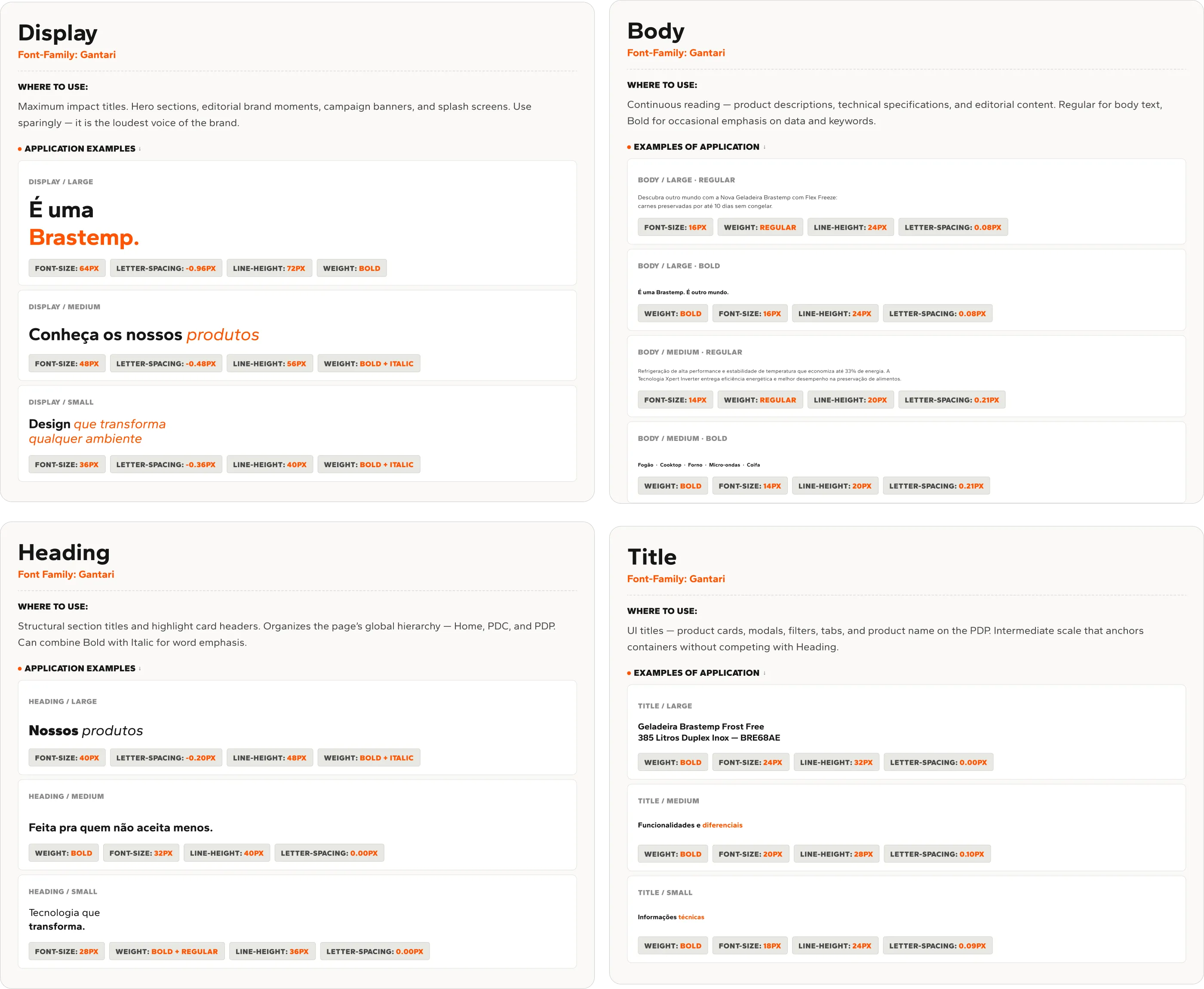 Typography: complete scale in Gantari, Display, Heading, Body and Title.