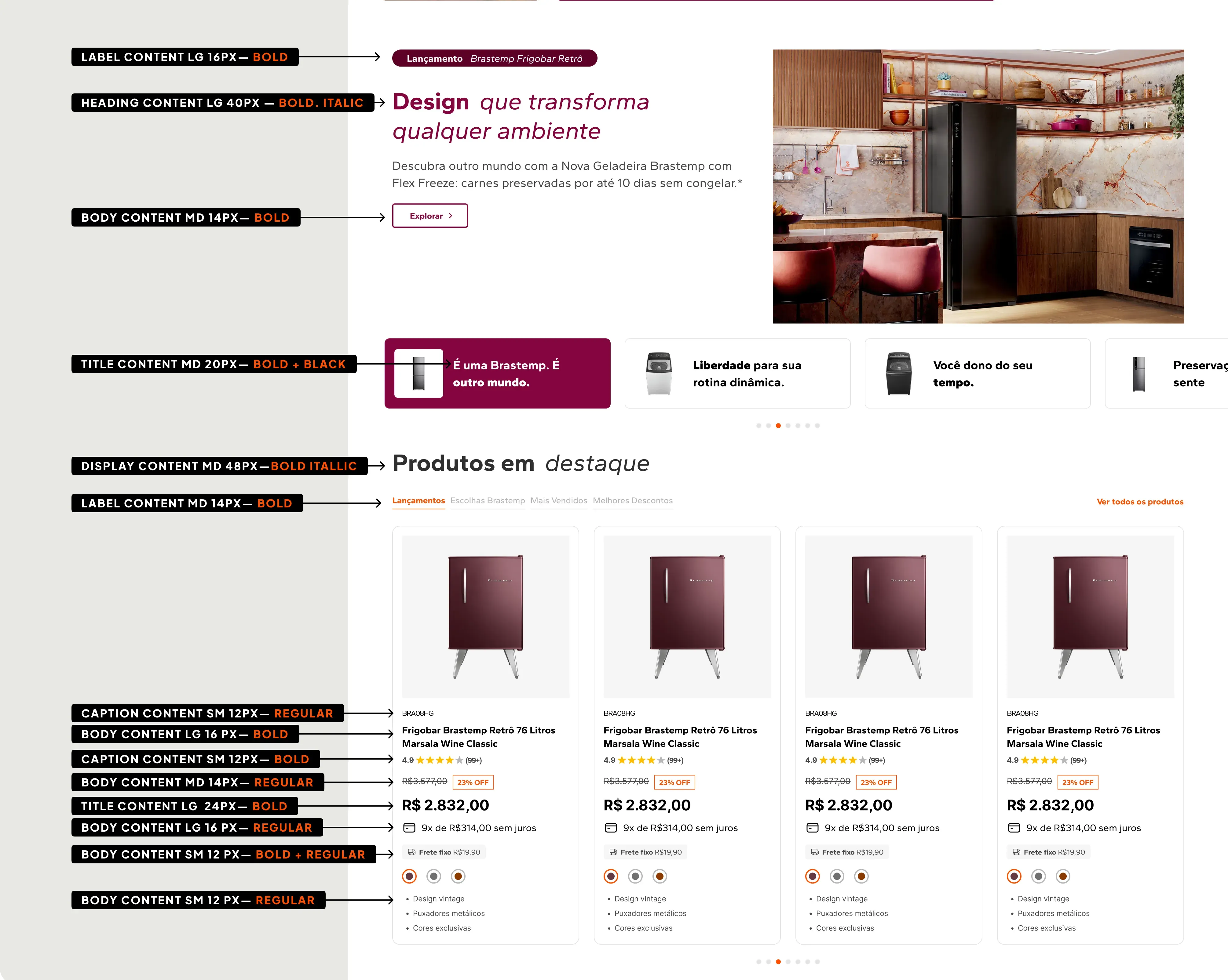 Typography applied: the Gantari scale mapped onto a real Brastemp e-commerce page, from display headings down to body text and captions.